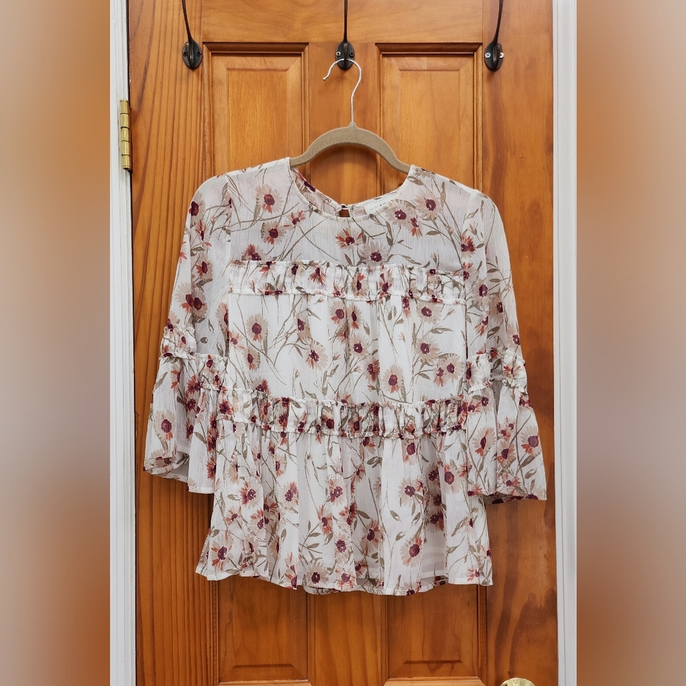 Lucky Brand Boho Babydoll Floral Ruffled Tiered Top Blouse Size XS Extra Small